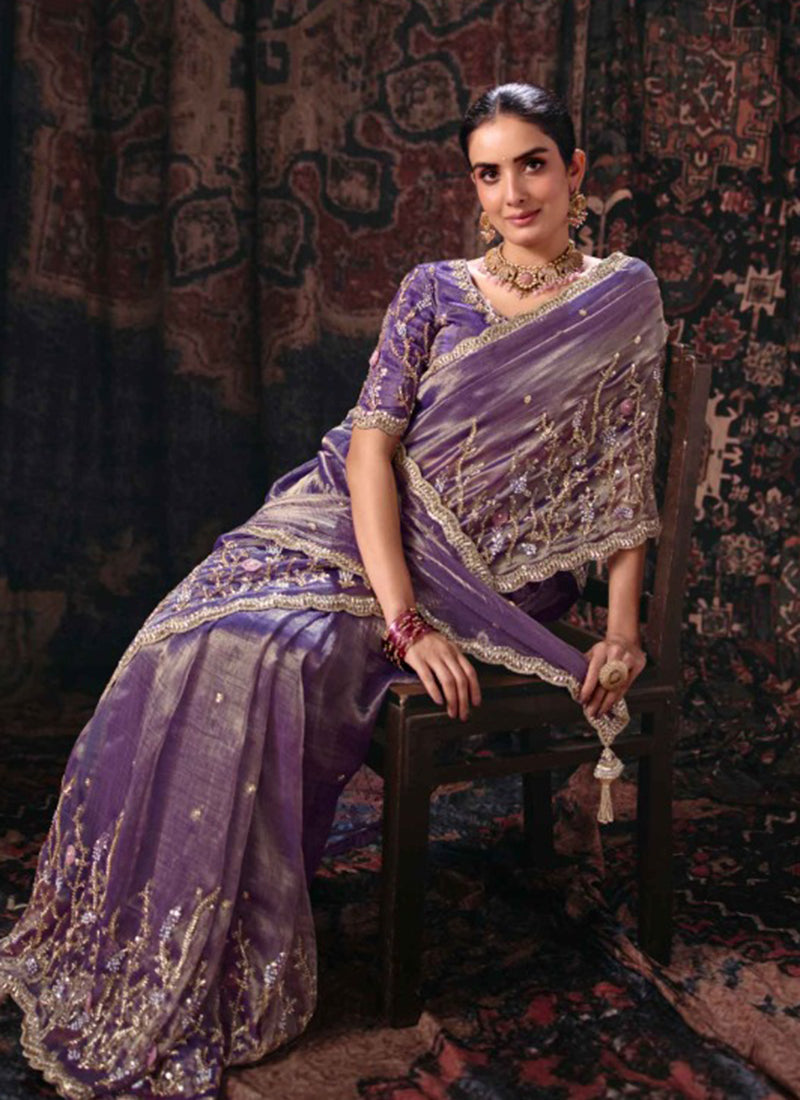 Buy Purple Handwork Embroidery Silk Saree In Irland