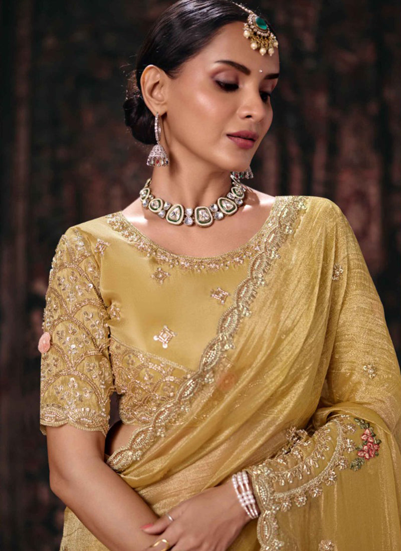 Buy Golden Yellow Embroidery Silk Sari Online In Canada