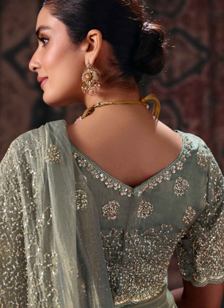 Shop Steel Grey Embroidery Silk Sari In UAE