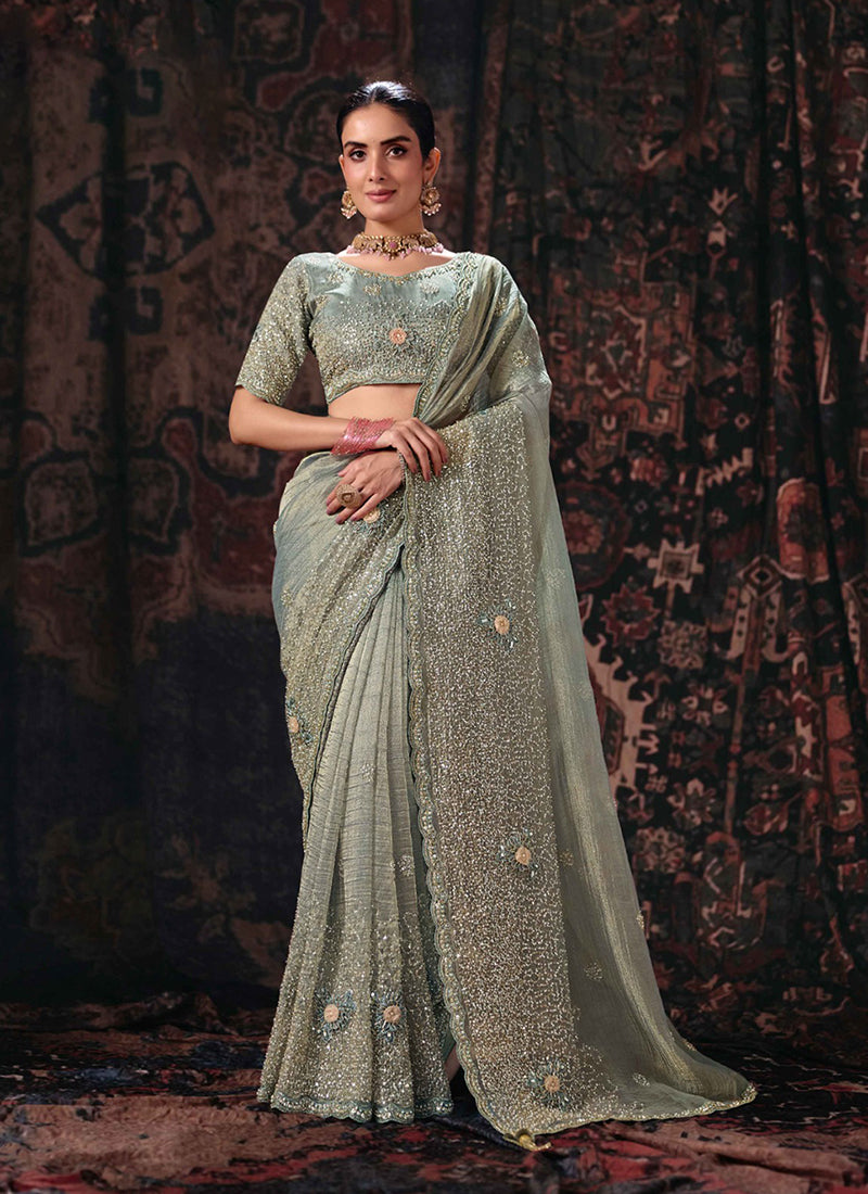Steel Grey Handwork Embroidery Silk Saree