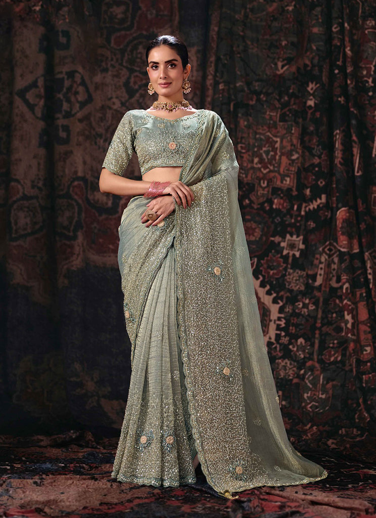 Steel Grey Handwork Embroidery Silk Saree