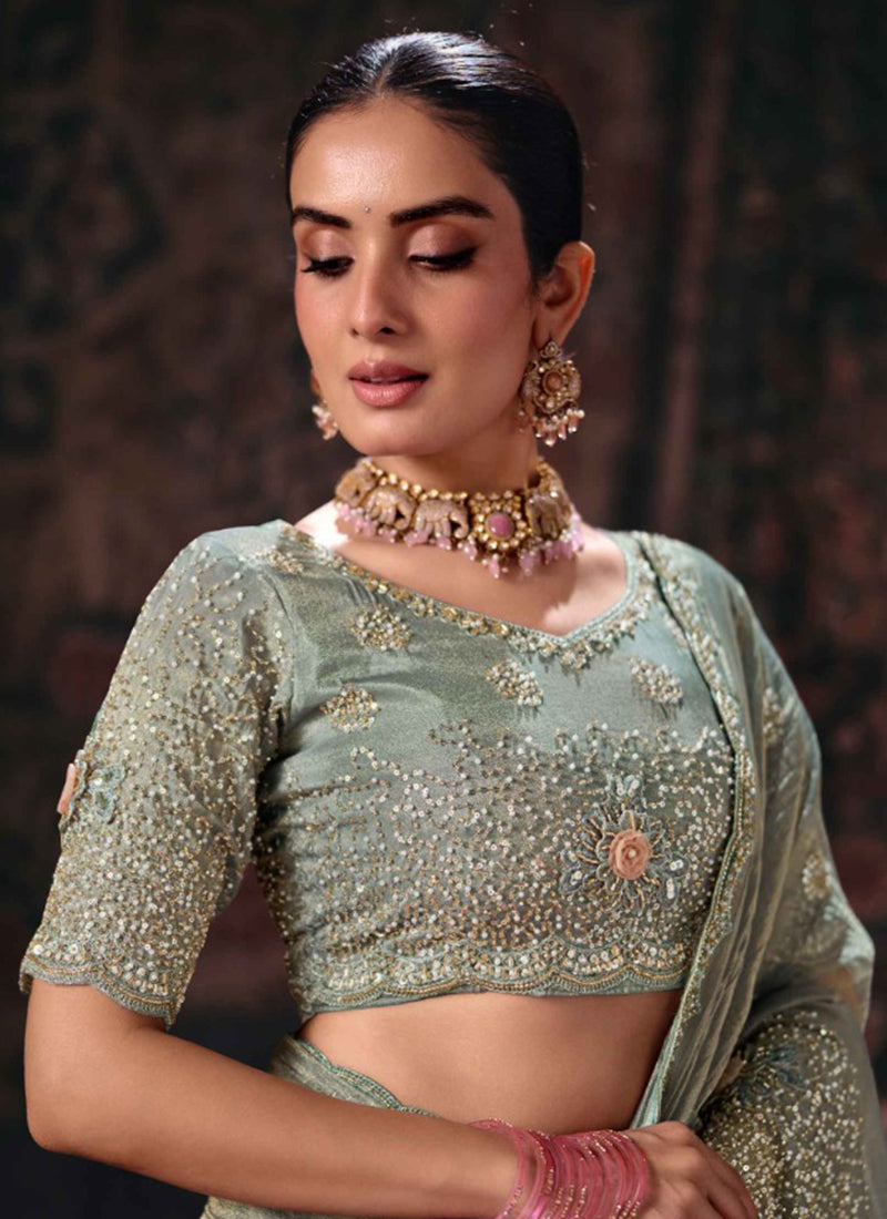 Buy Bollywood Steel Grey Handwork Silk Sari In New Zealand