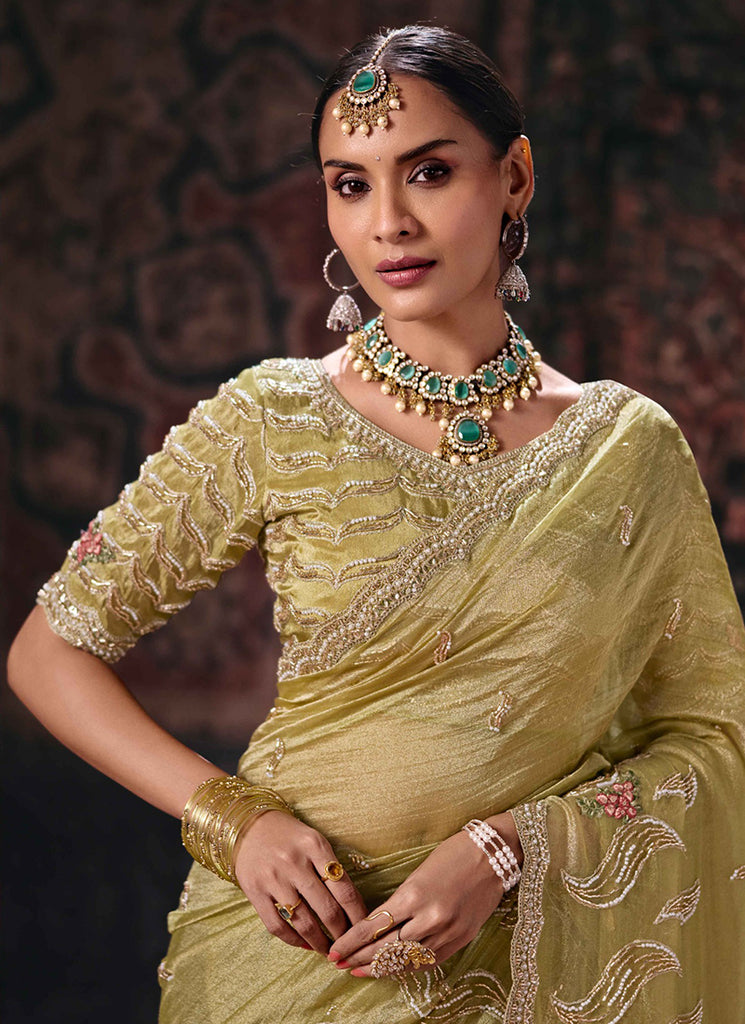 Shop Lime Green Embroidery Silk Sari In UK