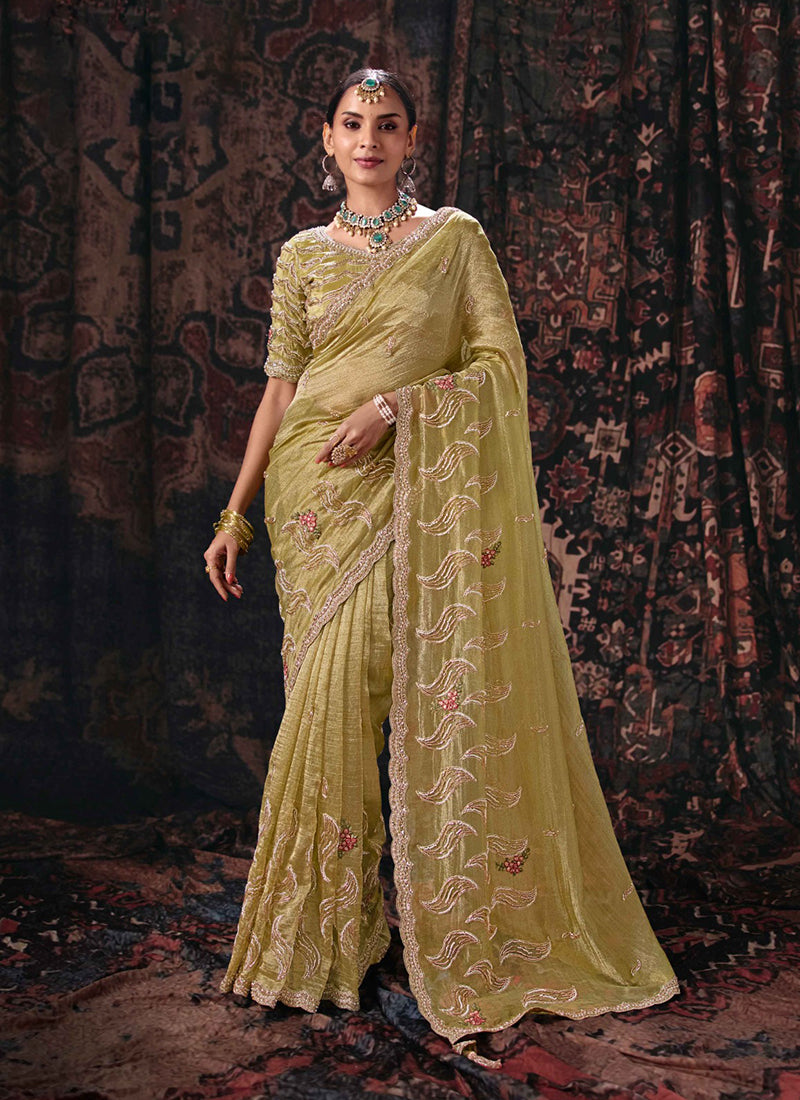Lime Green Handwork Embroidery Silk Saree
