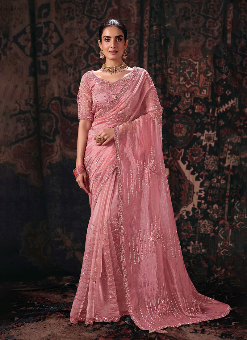 Rose Pink Handwork Embroidery Silk Saree