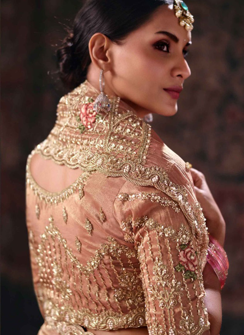 Shop Soft Peach Embroidery Silk Sari In USA