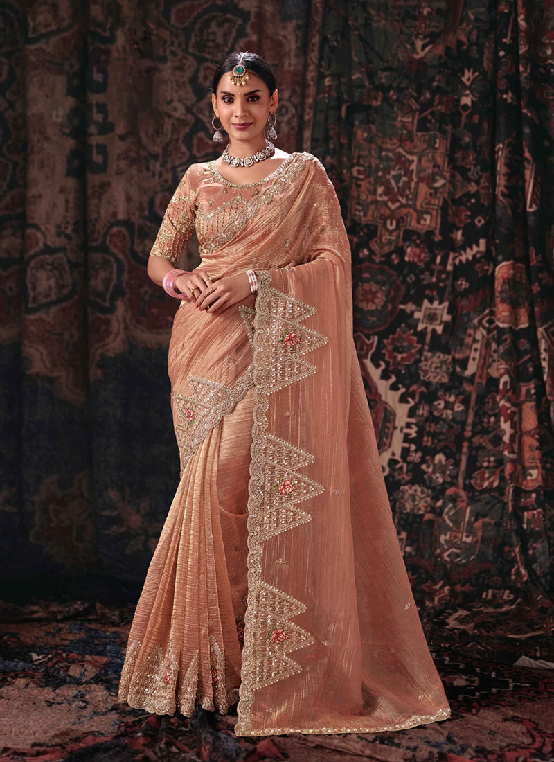Soft Peach Handwork Embroidery Silk Saree