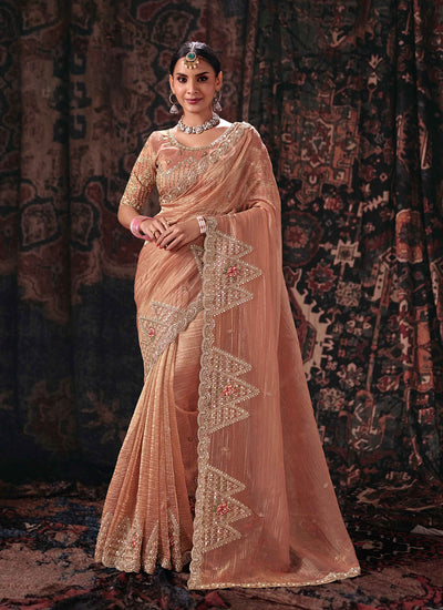 Soft Peach Handwork Embroidery Silk Saree