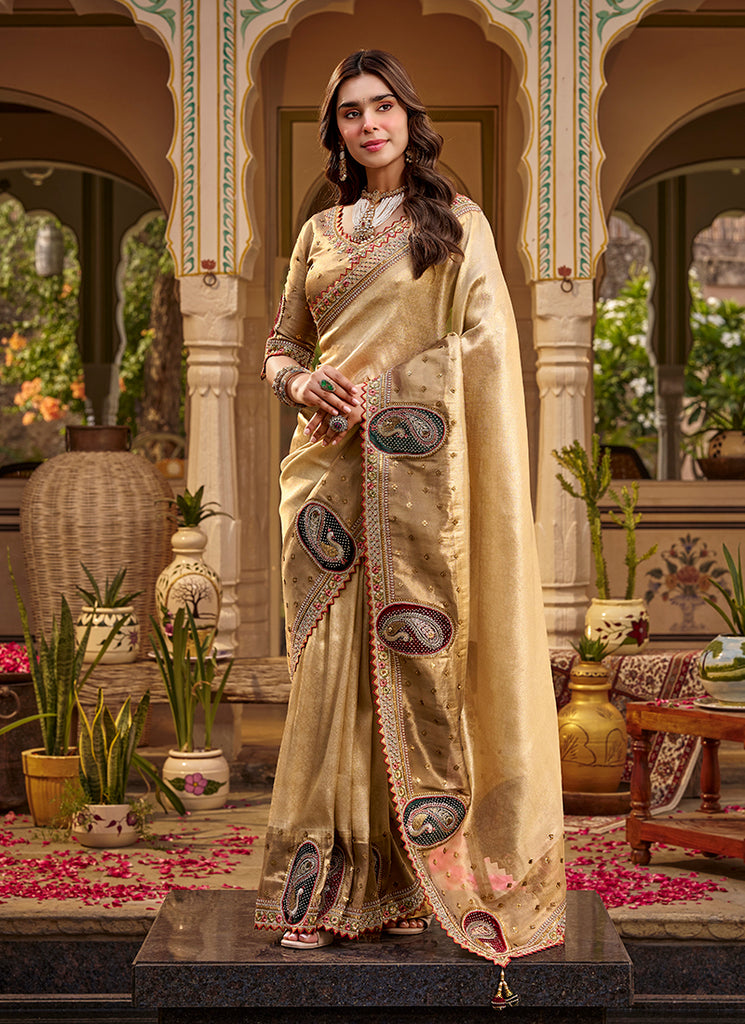 Golden Yellow Traditional Embroidery Silk Saree