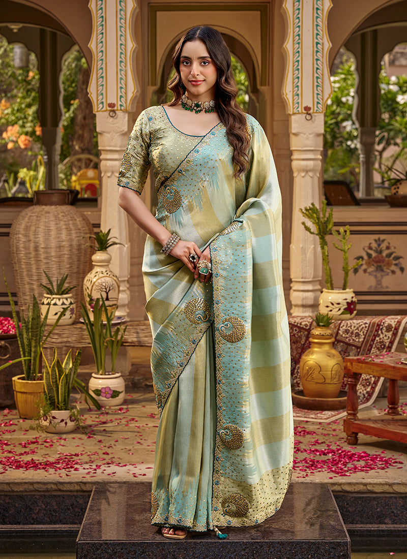 Mint Green Traditional Embroidery Silk Saree