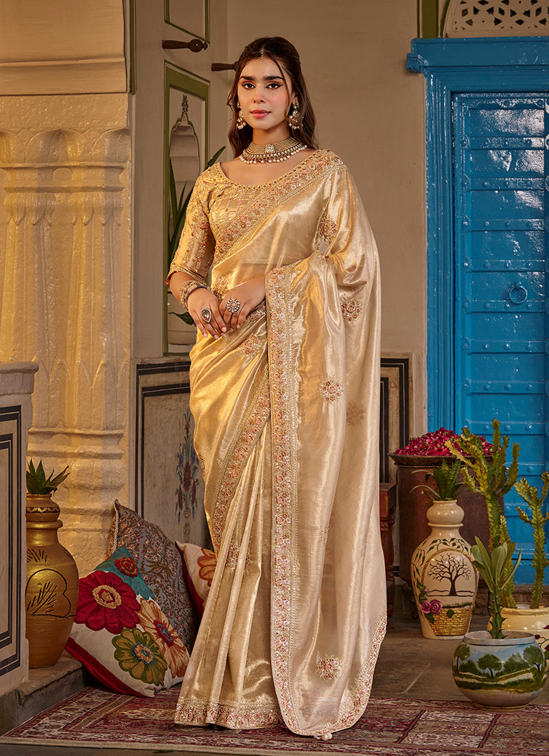 Champagne Gold Traditional Embroidery Silk Saree