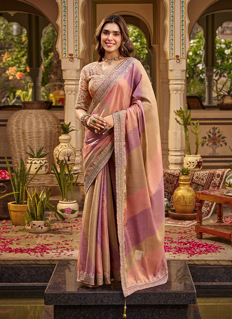 Peach Mauve Traditional Embroidery Silk Saree