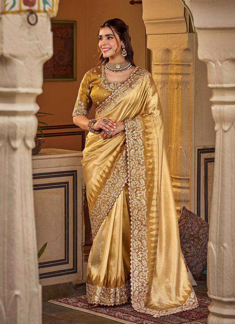 Yellow Traditional Embroidery Silk Saree