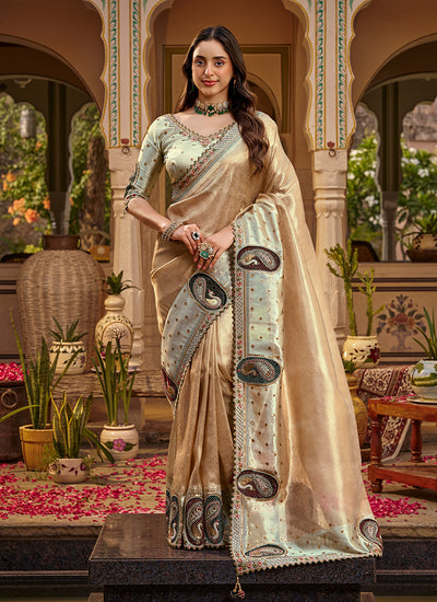 Sage Golden Traditional Embroidery Silk Saree