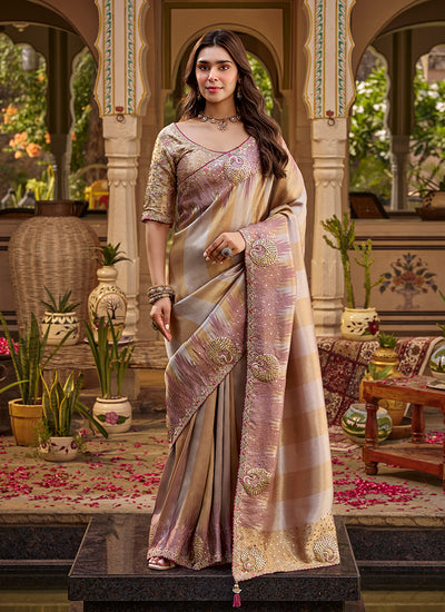 Rose Gold Traditional Embroidery Silk Saree