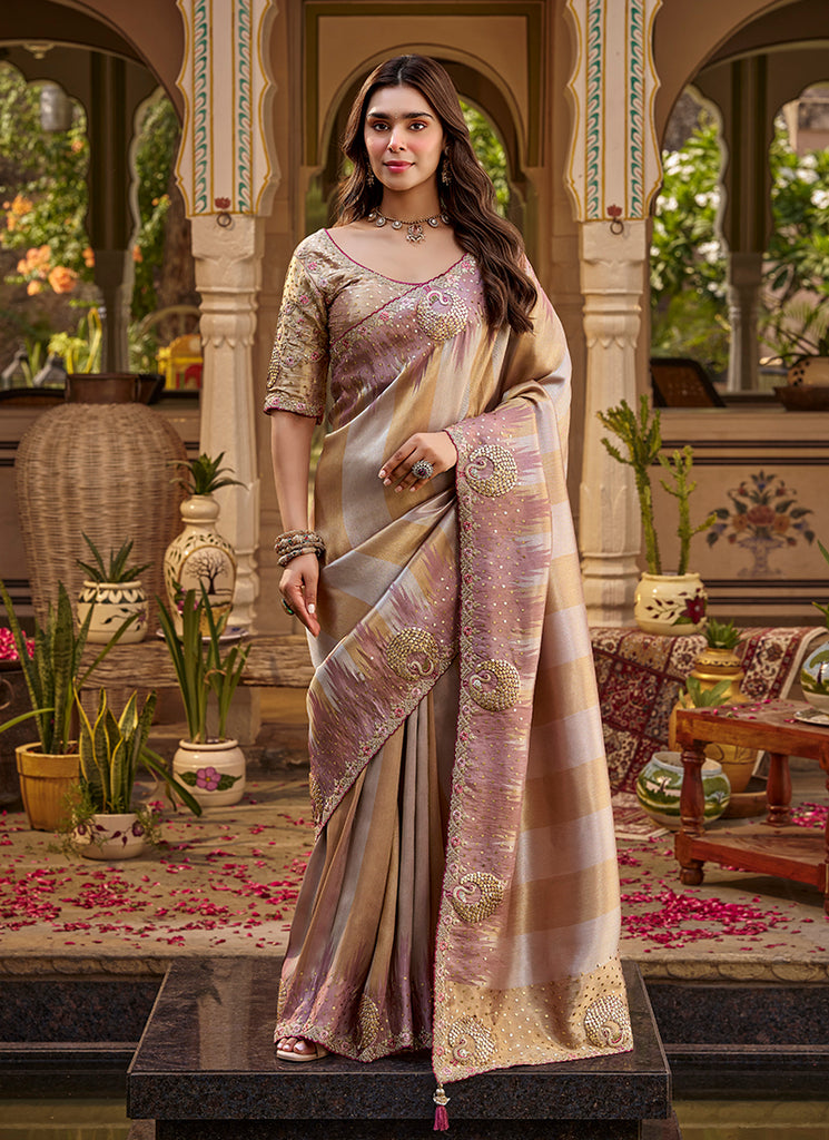 Rose Gold Traditional Embroidery Silk Saree