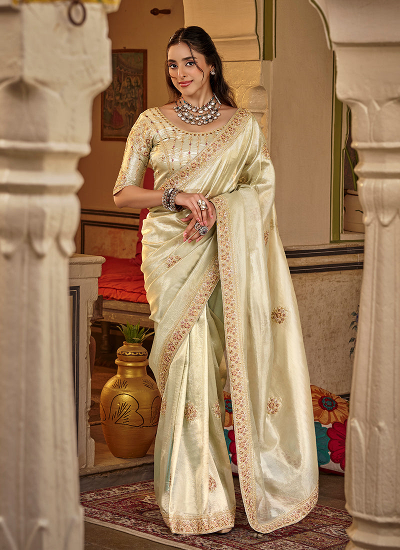 Pastel Green Traditional Embroidery Silk Saree