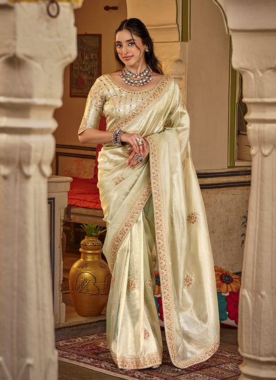 Pastel Green Traditional Embroidery Silk Saree