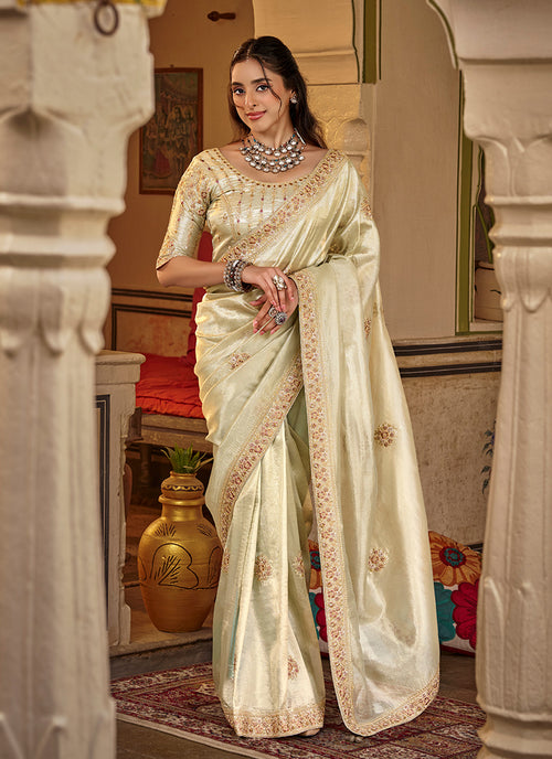 Pastel Green Traditional Embroidery Silk Saree