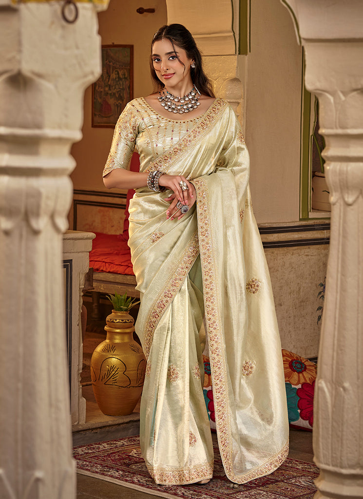 Pastel Green Traditional Embroidery Silk Saree