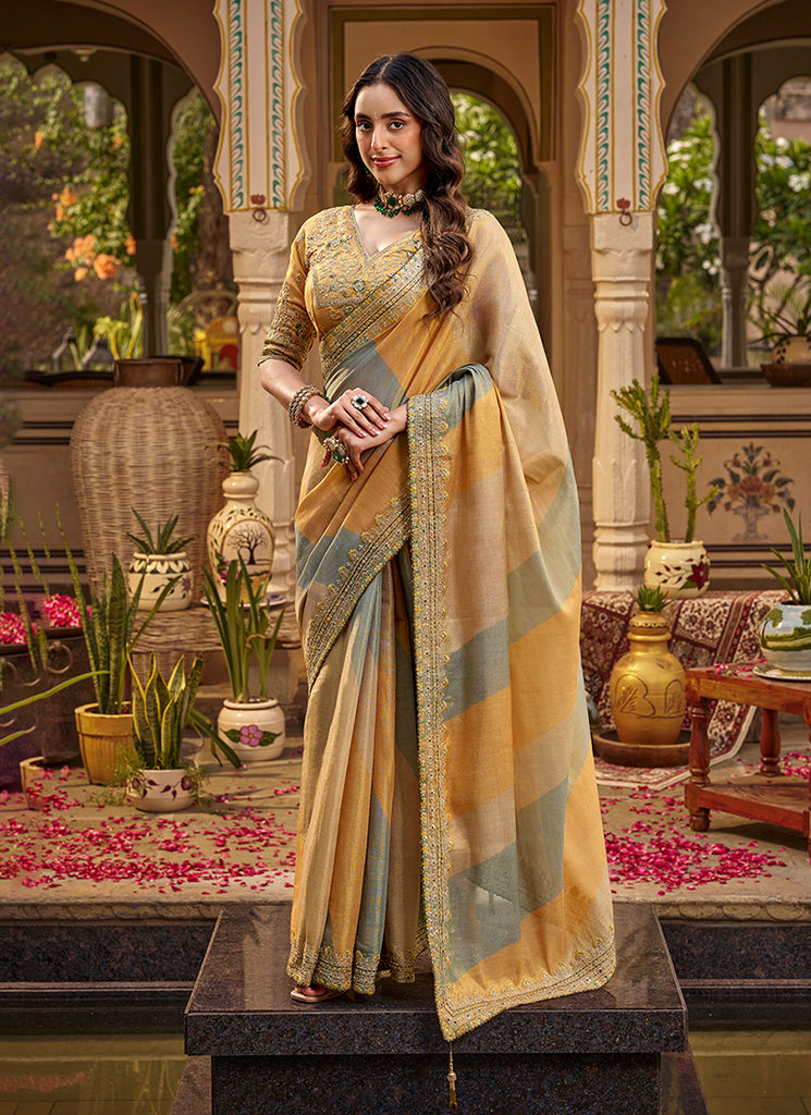 Mustard Yellow Traditional Embroidery Silk Saree