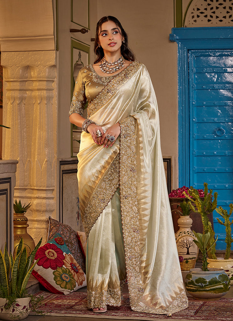 Golden Beige Traditional Embroidery Silk Saree