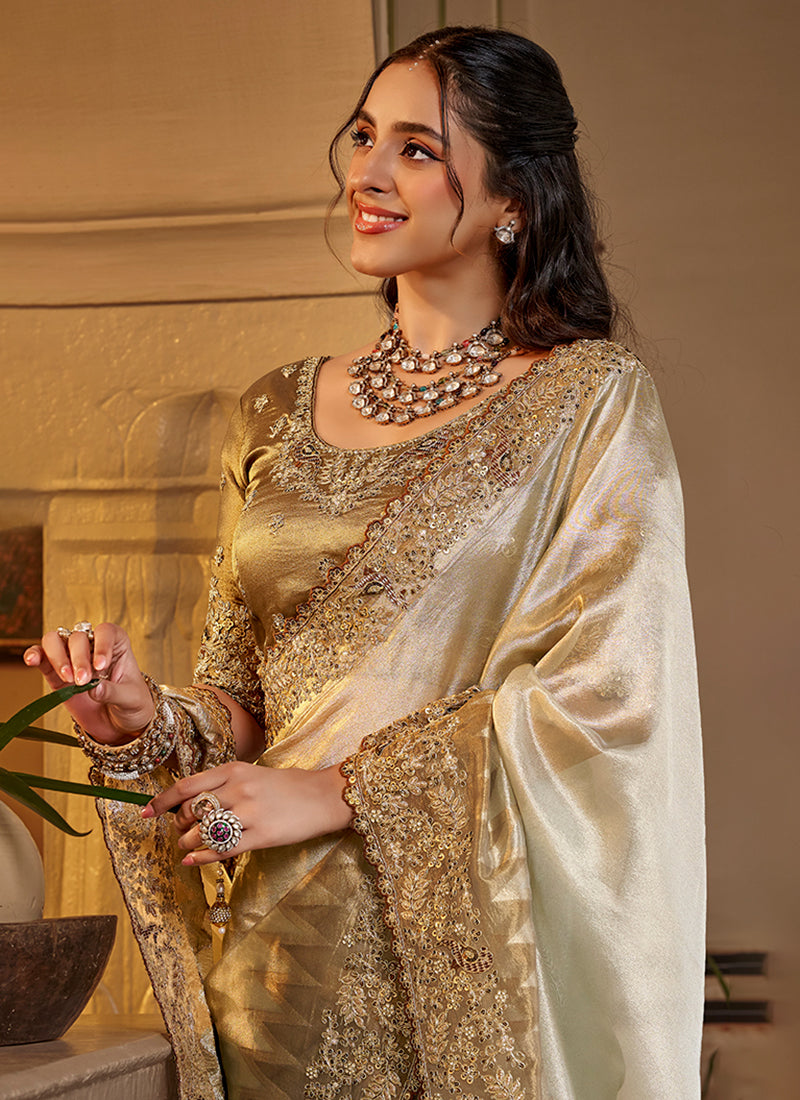 Golden Beige Traditional Embroidery Silk Saree