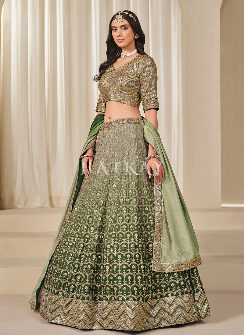Green Ombré Sequins Embroidery Wedding Lehenga Choli