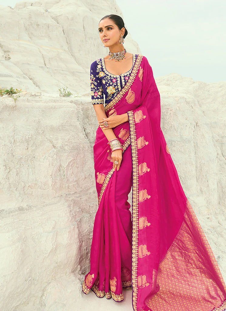 Pink And Violet Wedding Saree With Blouse
