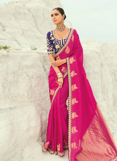 Pink And Violet Wedding Saree With Blouse