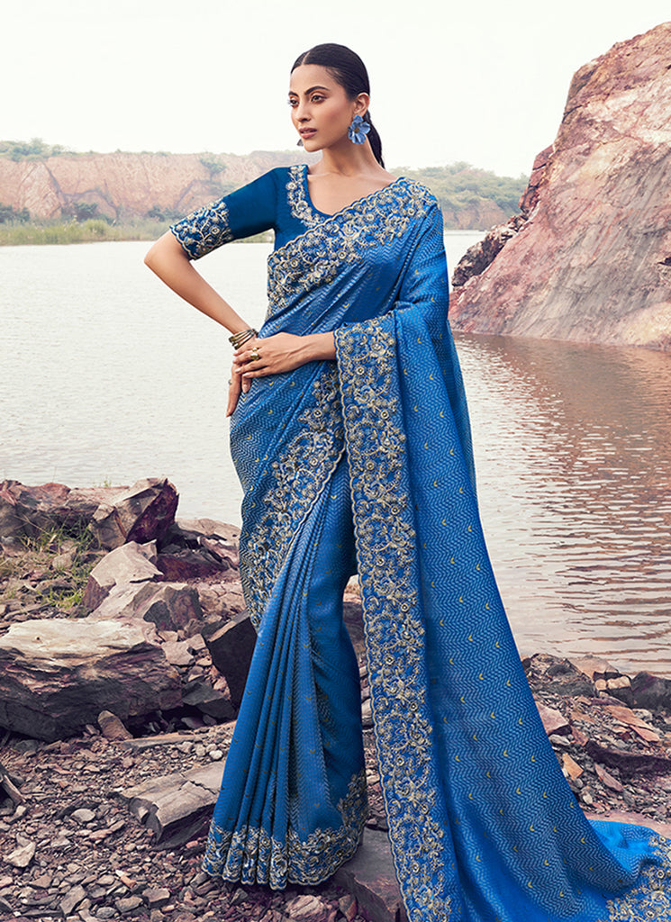 Royal Blue Handwork Embroidery Wedding Saree And Blouse
