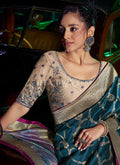 Turquoise And Beige Wedding Silk Saree