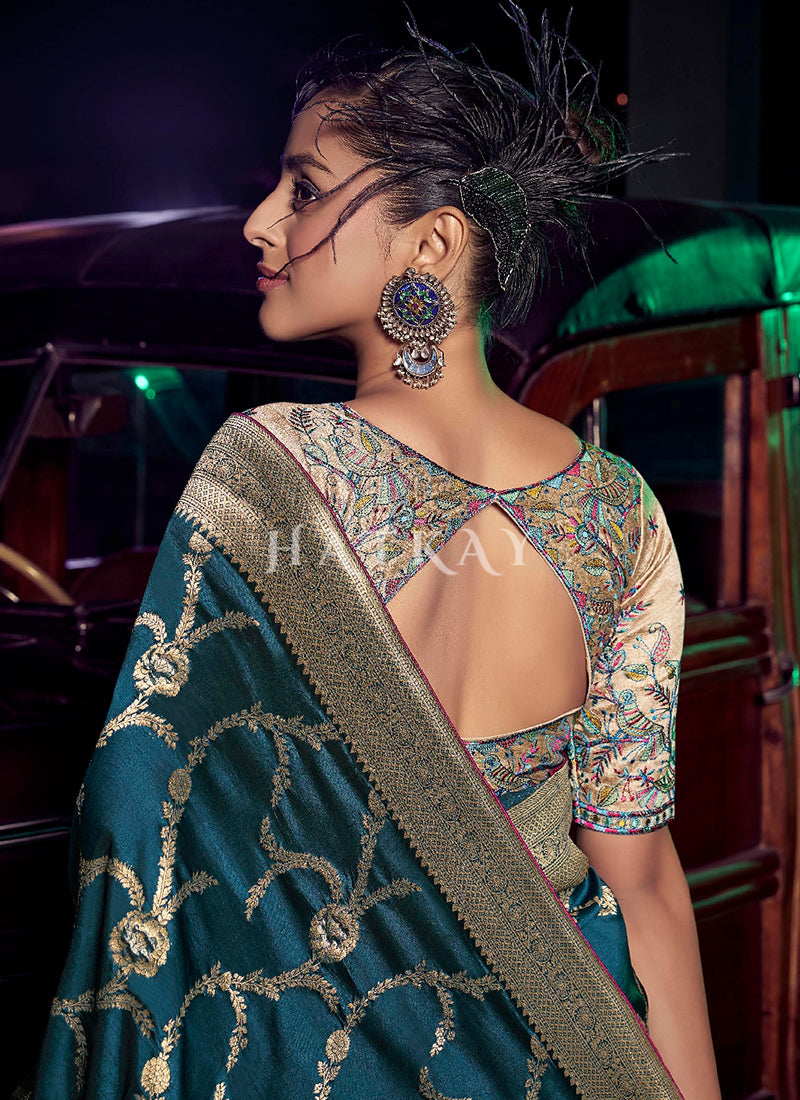 Turquoise And Beige Silk Saree