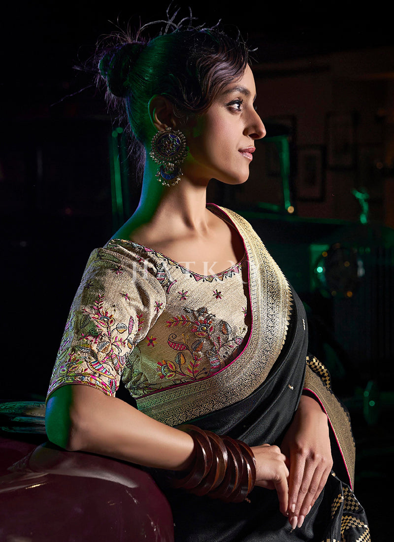 Black And Beige Wedding Silk Saree