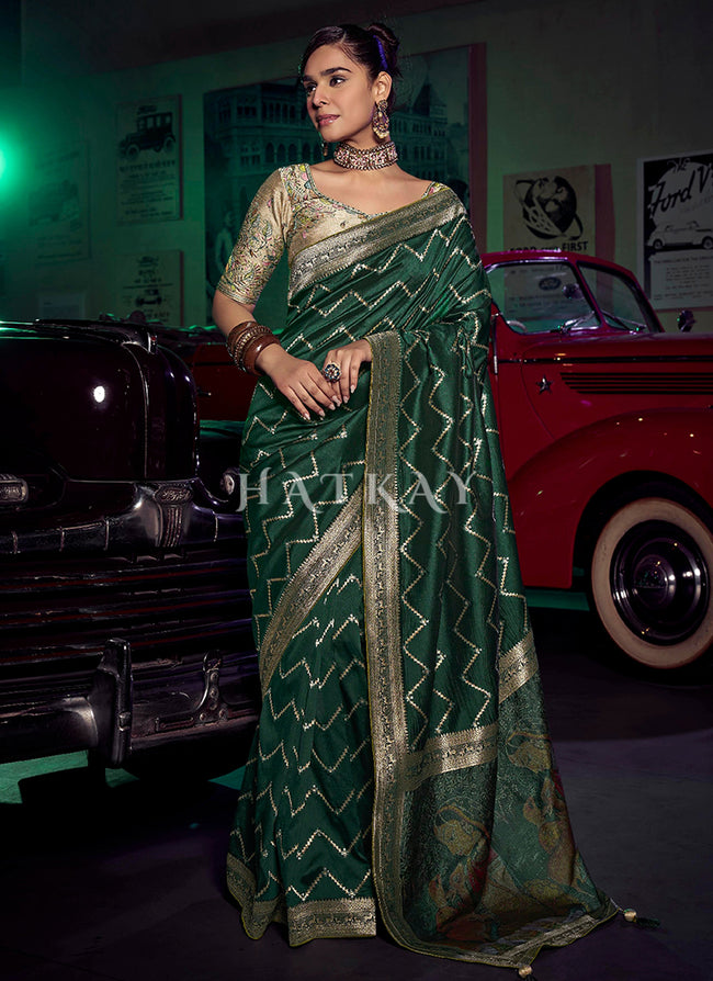 Green And Beige Embroidered Wedding Silk Saree