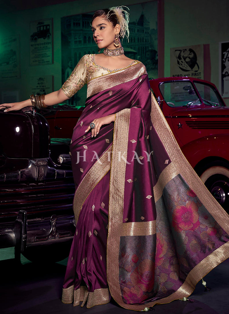 Wine And Beige Embroidered Wedding Silk Saree