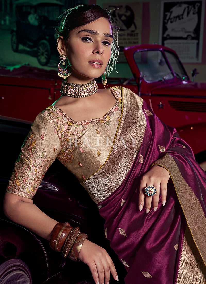 Wine And Beige Wedding Silk Saree