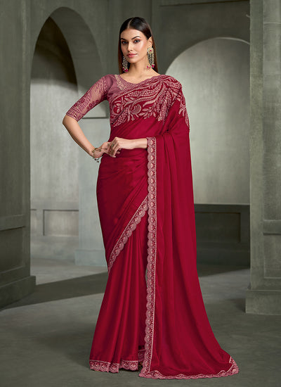 Cherry Red Traditional Embroidered Wedding Saree