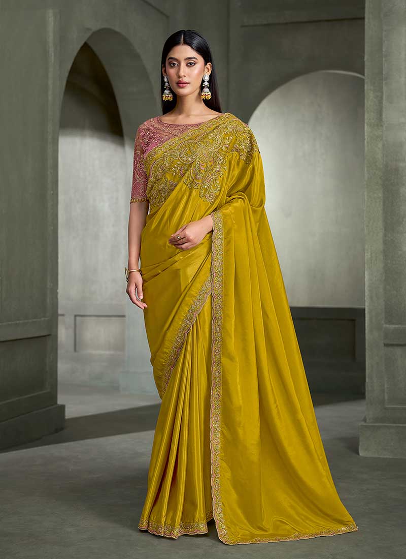 Yellow and Pink Traditional Embroidered Wedding Saree