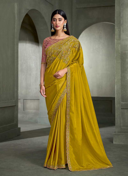 Yellow and Pink Traditional Embroidered Wedding Saree