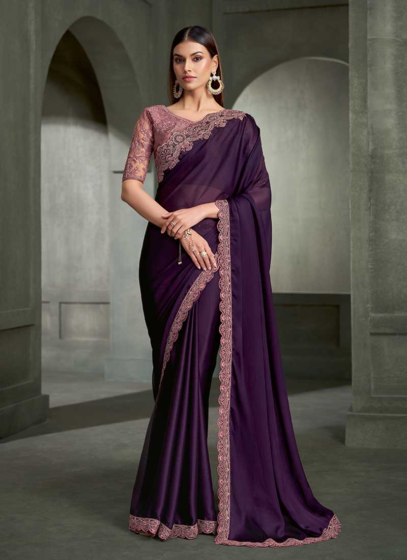 Purple Traditional Embroidered Wedding Saree