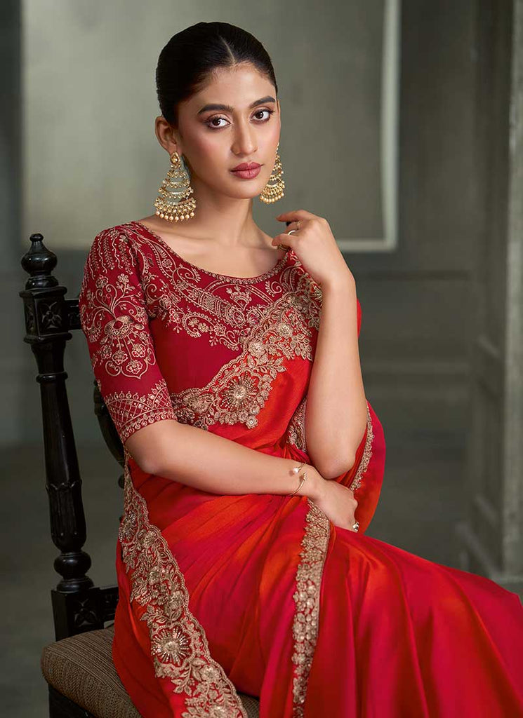 Buy Red Orange Cocktail Saree