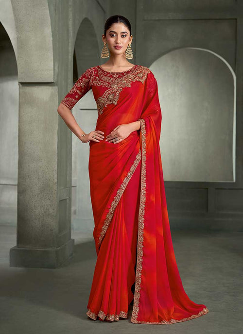 Red Orange Traditional Embroidered Wedding Saree