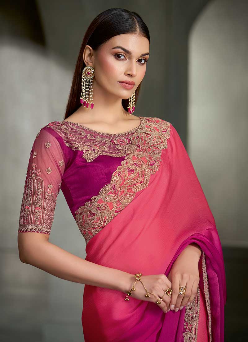 Buy Peach And Pink Traditional Wedding Sari In USA