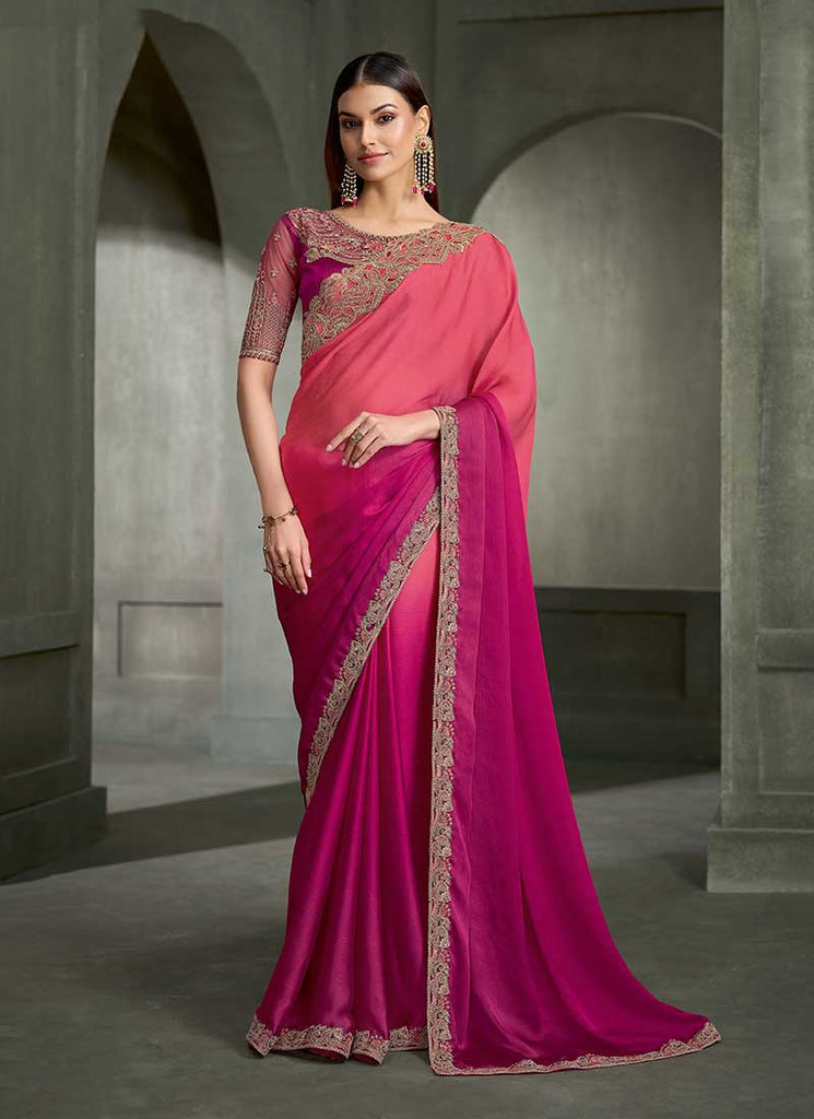 Peach And Pink Traditional Embroidered Wedding Saree