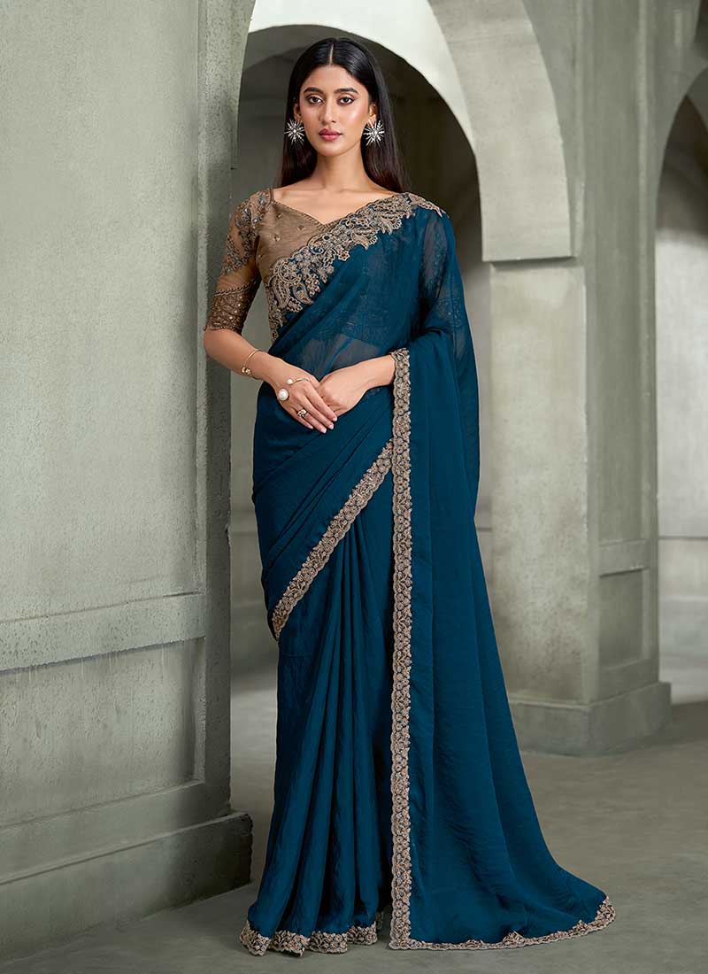 Royal Blue Traditional Embroidered Wedding Saree