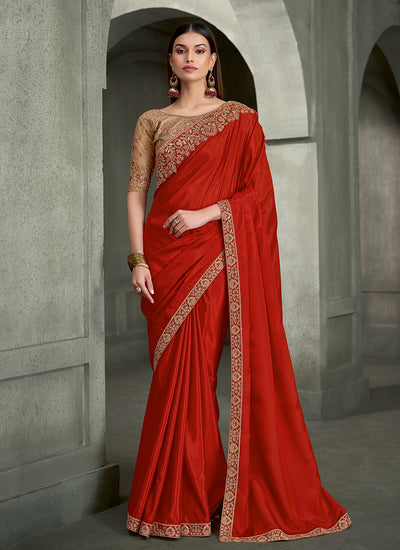 Burnt Orange Traditional Embroidered Wedding Saree