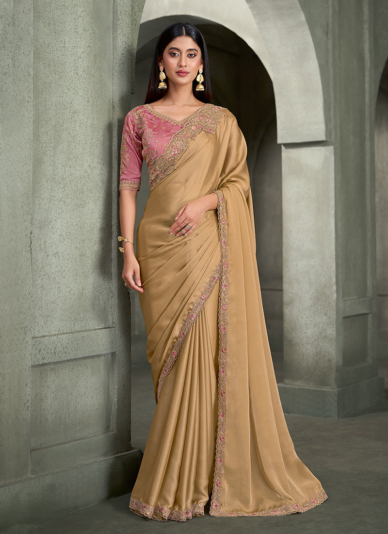 Sand and Pink Traditional Embroidered Wedding Saree