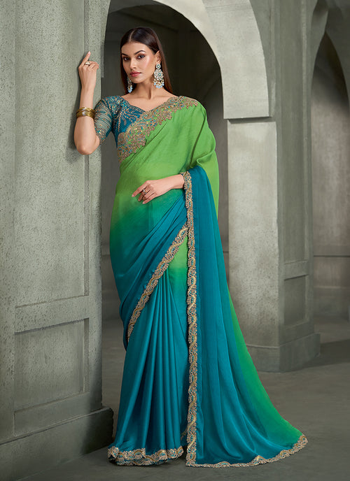 Teal And Green Traditional Embroidered Wedding Saree