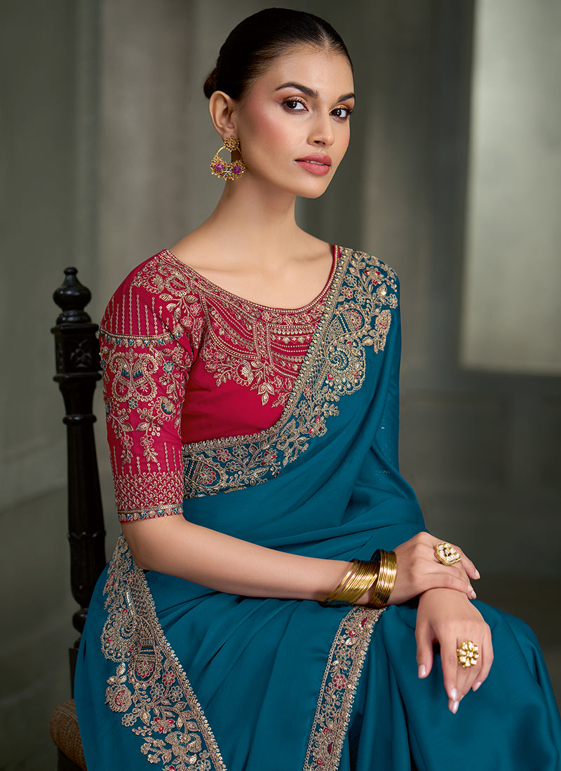 Shop Turquoise and Magenta Designer Saree In America